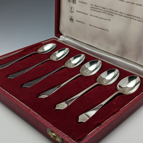 1959 British Vintage Sterling Silver Multi-Hallmark Teaspoon Set of 6 in Case